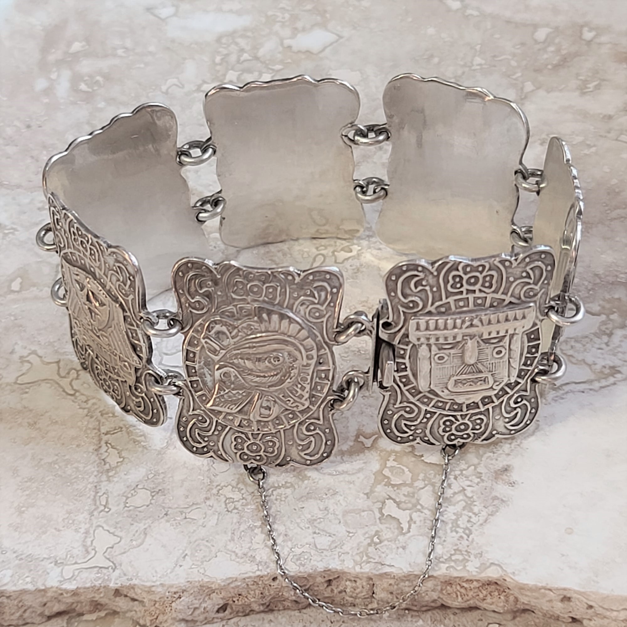 Aztec Heavy Silver Link Bracelet w/Saftey Chain Signed