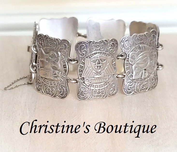 Aztec bracelet, sterling silver, heavy linked panels with aztec patterns, with a safety chain - Click Image to Close