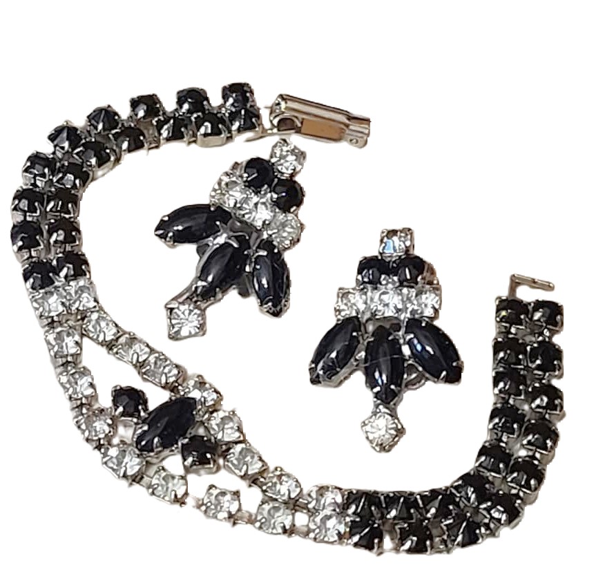 Black & Clear Rhinestone Bracelet & Earrings Set