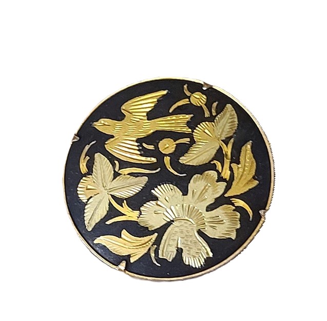 Damascene Pin with Bird and Flower Design - Click Image to Close
