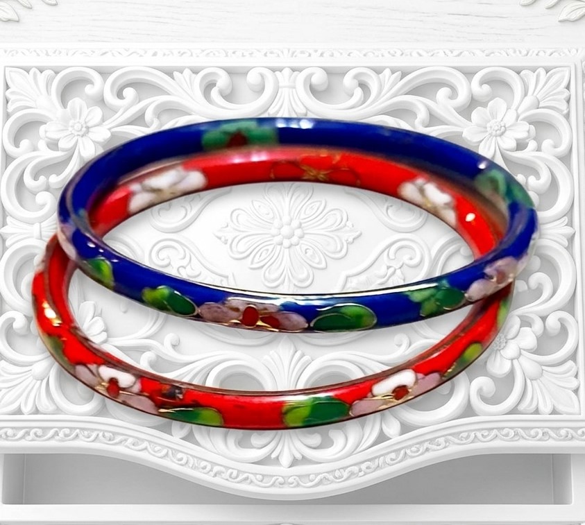 Cloisonne bangle bracelets, vintage, set of 2, red and blue cloisonne