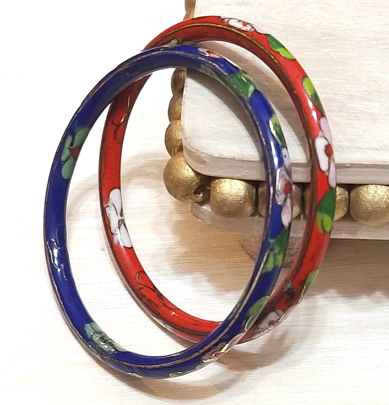 Cloisonne bangle bracelets, vintage, set of 2, red and blue cloisonne