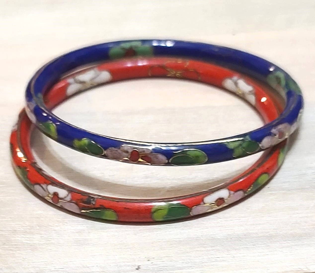 Cloisonne bangle bracelets, vintage, set of 2, red and blue cloisonne