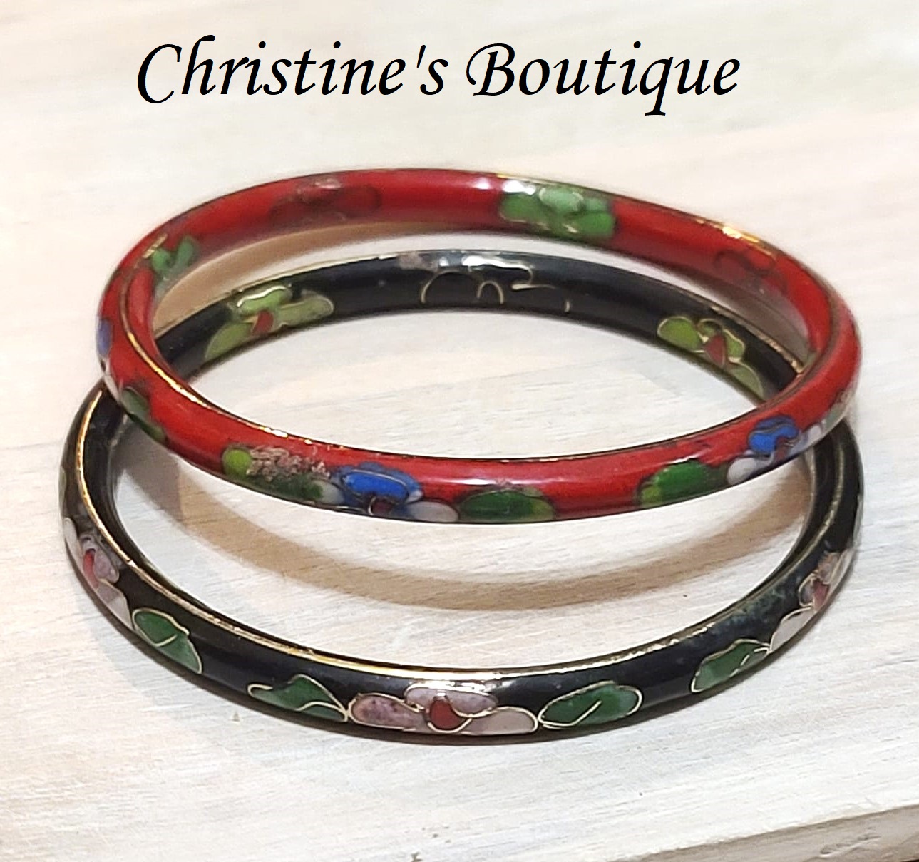 Cloisonne bangle bracelets, vintage, set of 2, red and black cloisonne