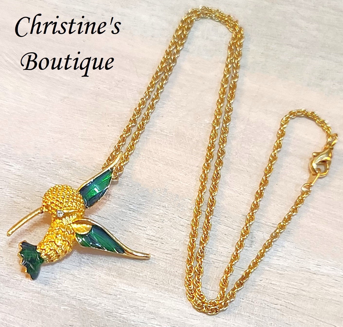 Hummingbird pendant necklace with chain, vintage enamel hummingbird - Click Image to Close