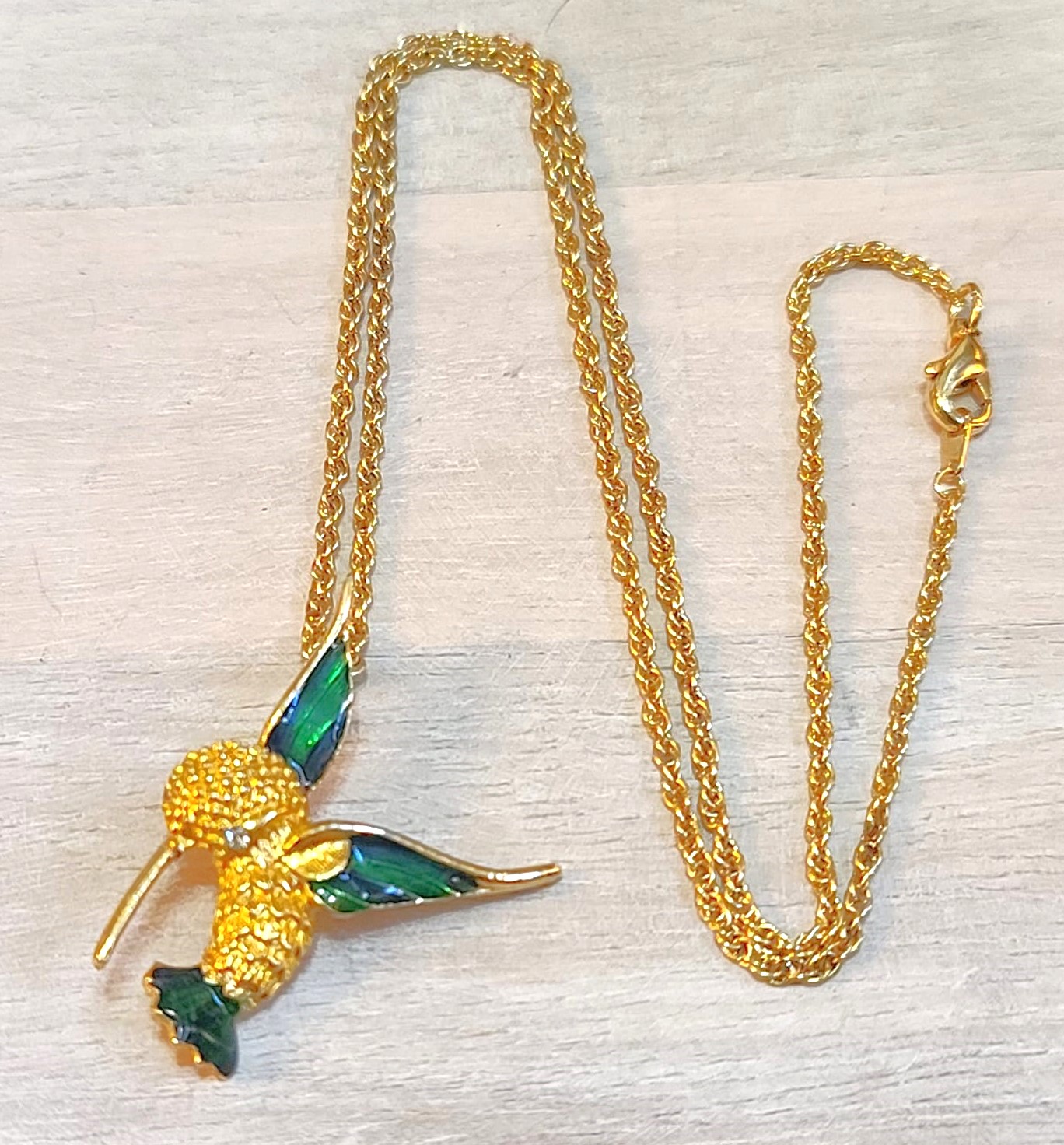 Hummingbird pendant necklace with chain, vintage enamel hummingbird