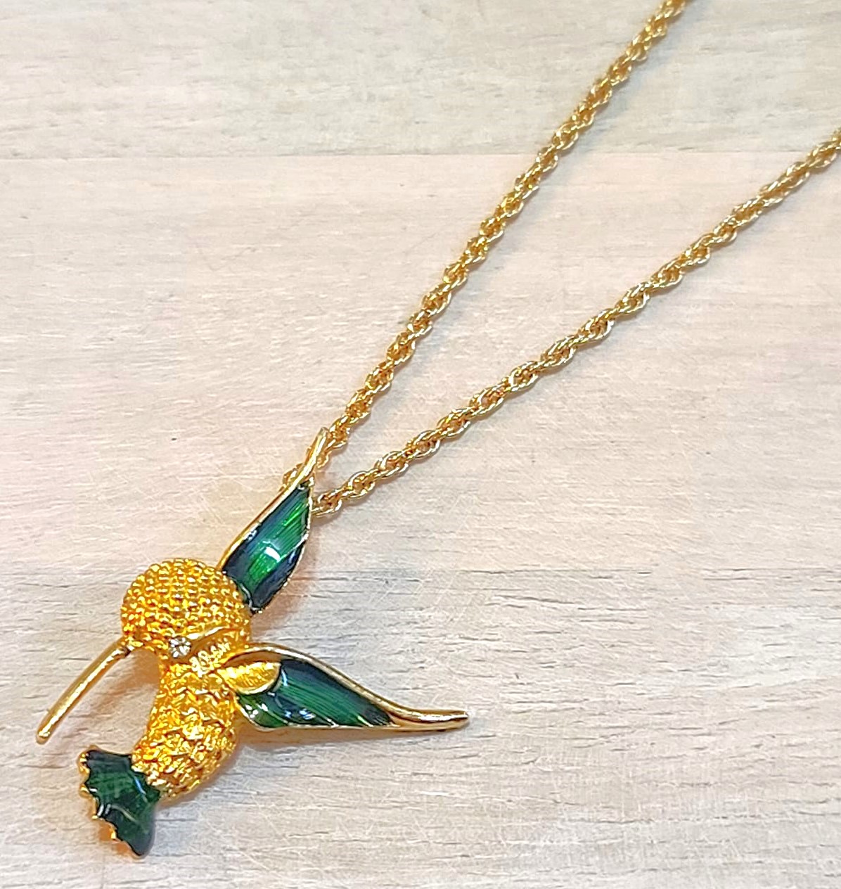 Hummingbird pendant necklace with chain, vintage enamel hummingbird