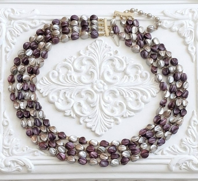 Metallic Purple and Gray Beaded Multi Strand Necklace