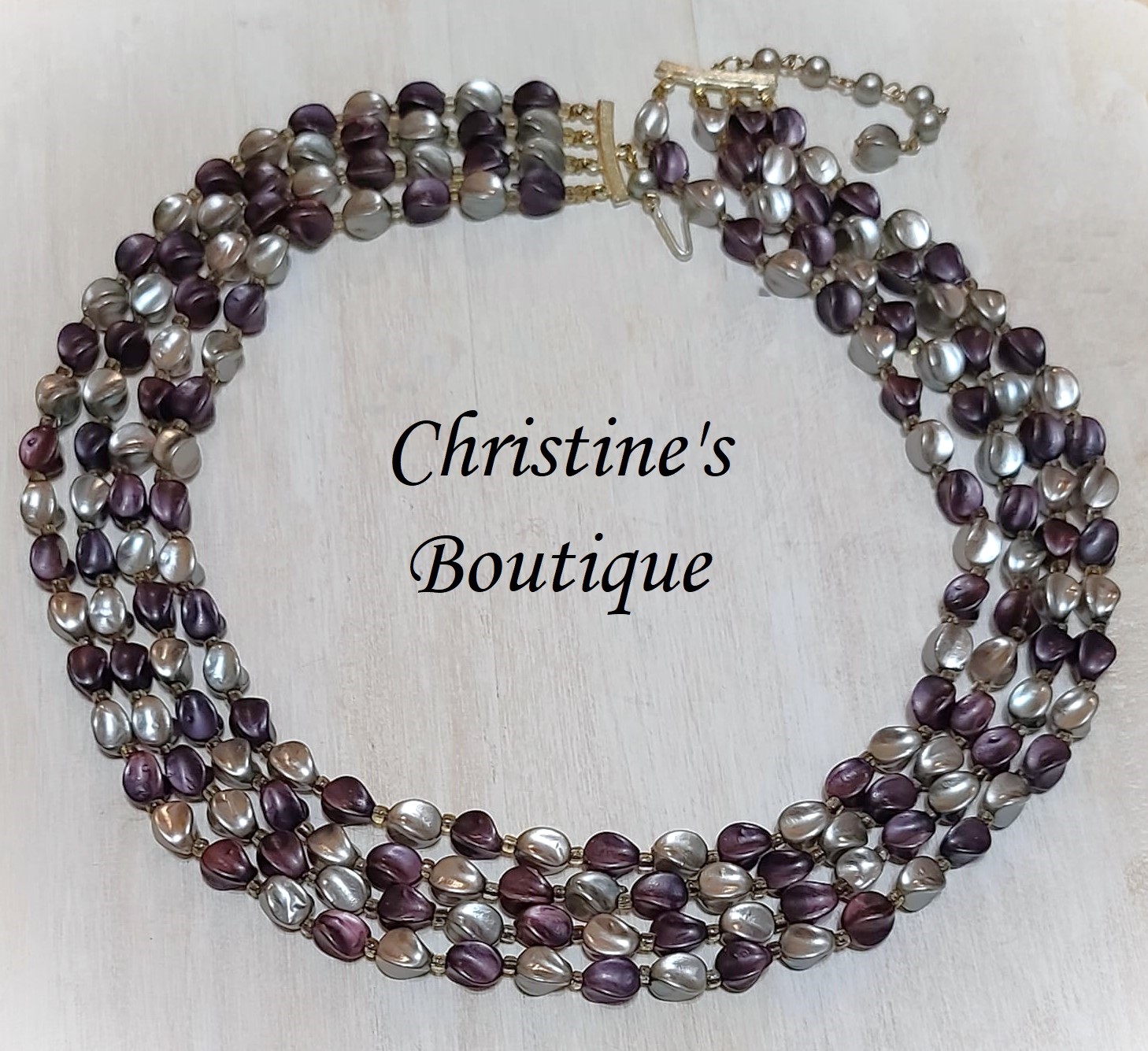 Metallic purple and gray 4 strand vintage necklace - Click Image to Close