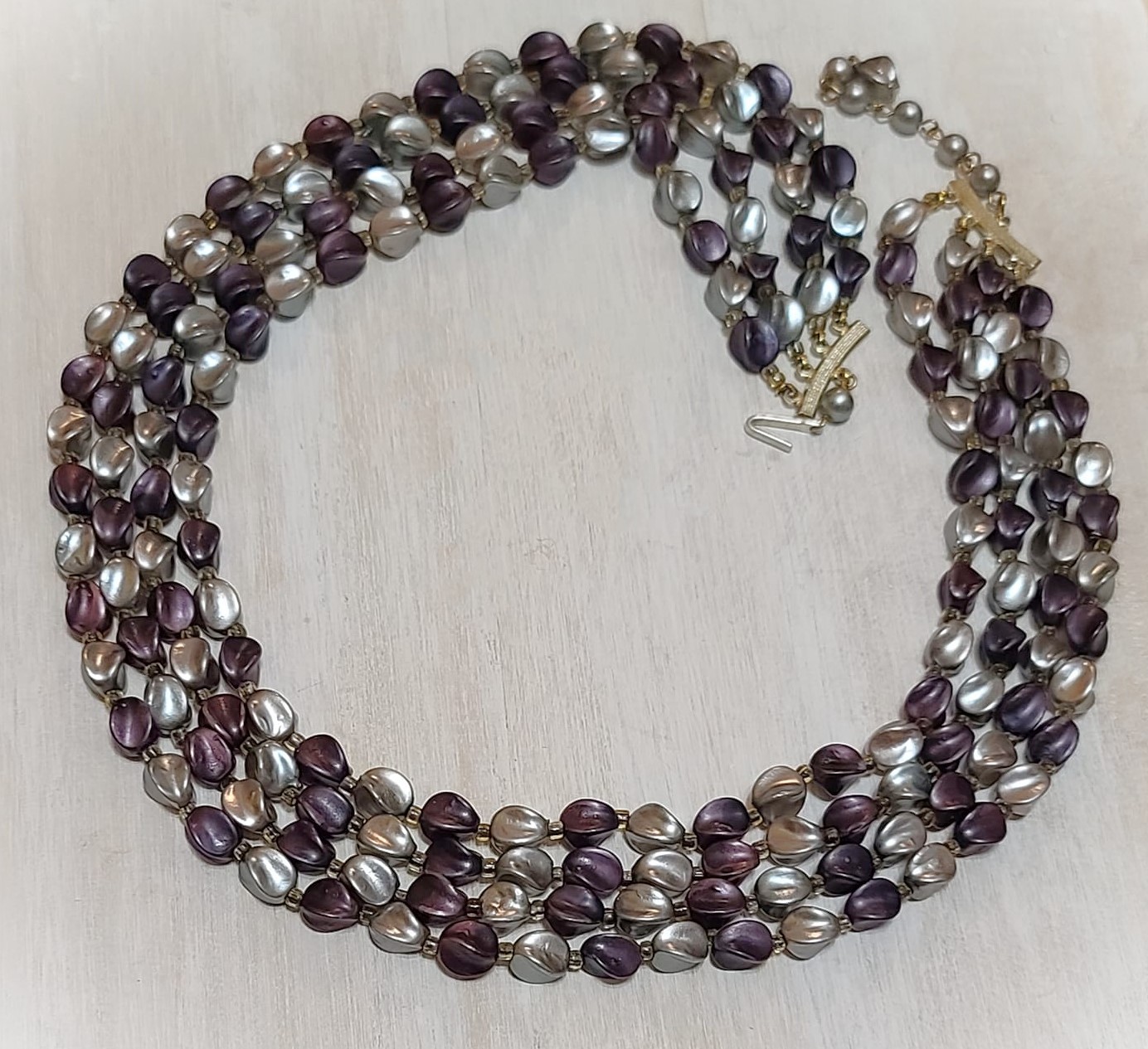 Metallic purple and gray 4 strand vintage necklace
