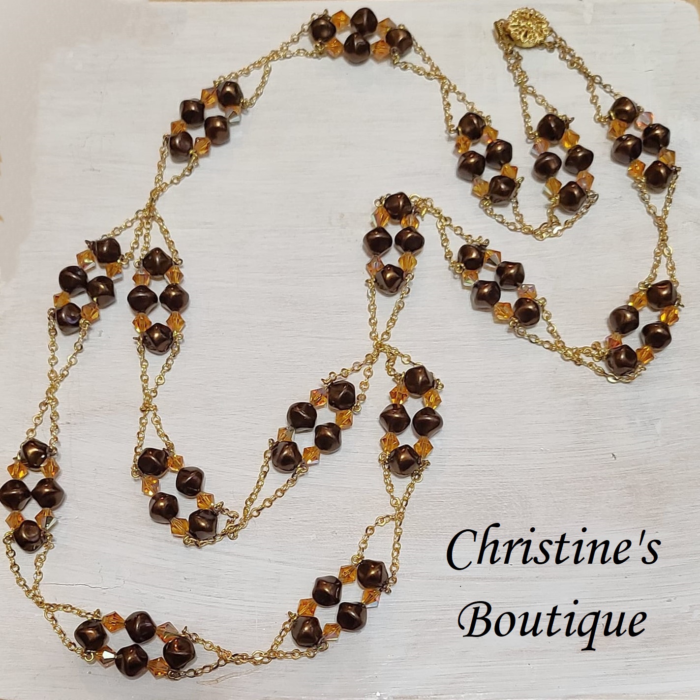 Czech Glass Long Necklace in Brown Tones - Click Image to Close