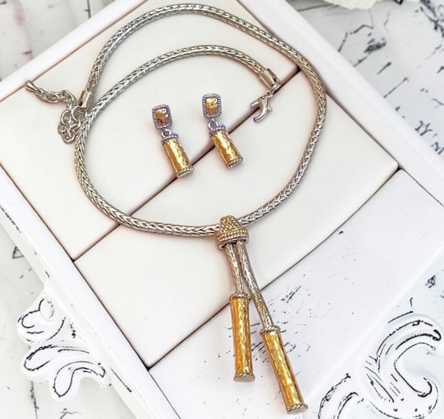 Lariat necklace with matched earrings, gold and silver multi color finish