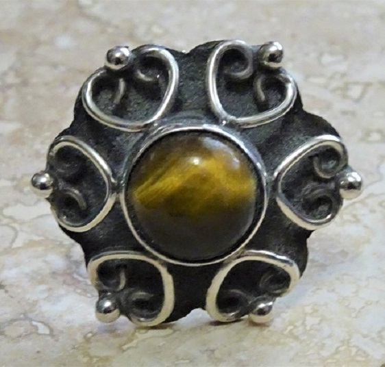 Tiger Eye Stamped Mexico Sterling Silver Adjustable Ring - Click Image to Close