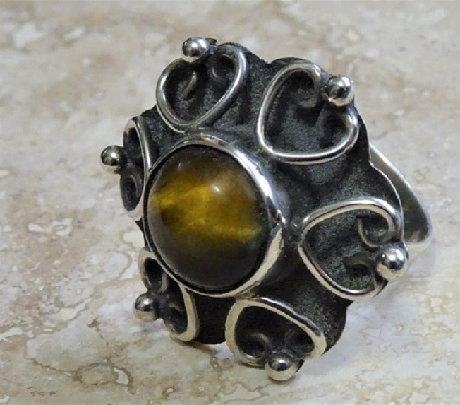 Tiger Eye Stamped Mexico Sterling Silver Adjustable Ring