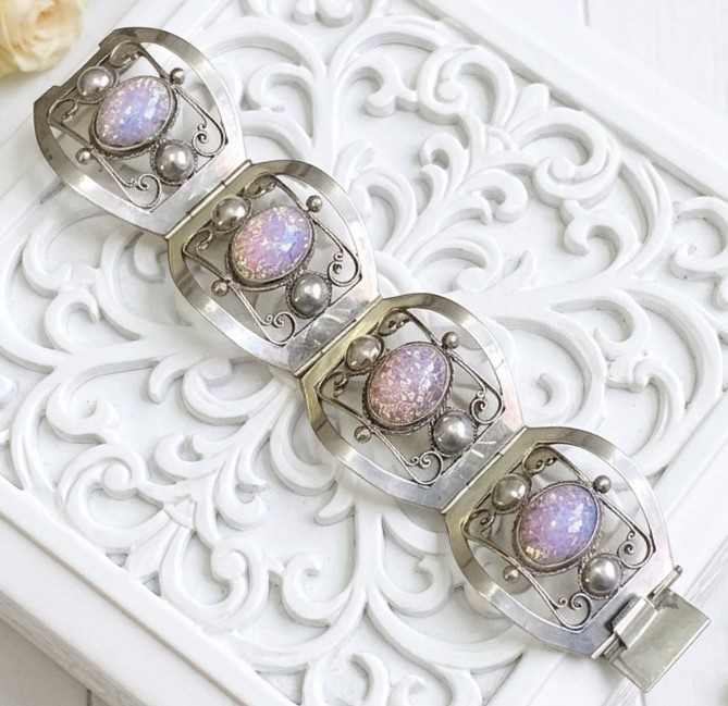 Vintage Sterling Silver & Foil Opal Signed TAXCO Mexico Bracelet