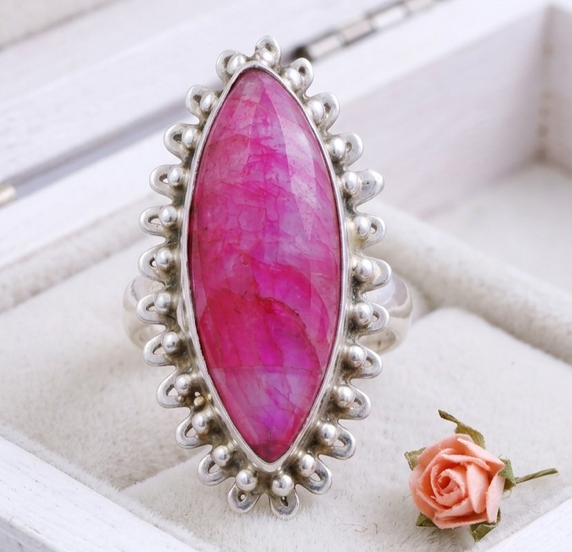 Dyed Pink Moonstone Ring Set in Sterling Silver Size 6 3/4