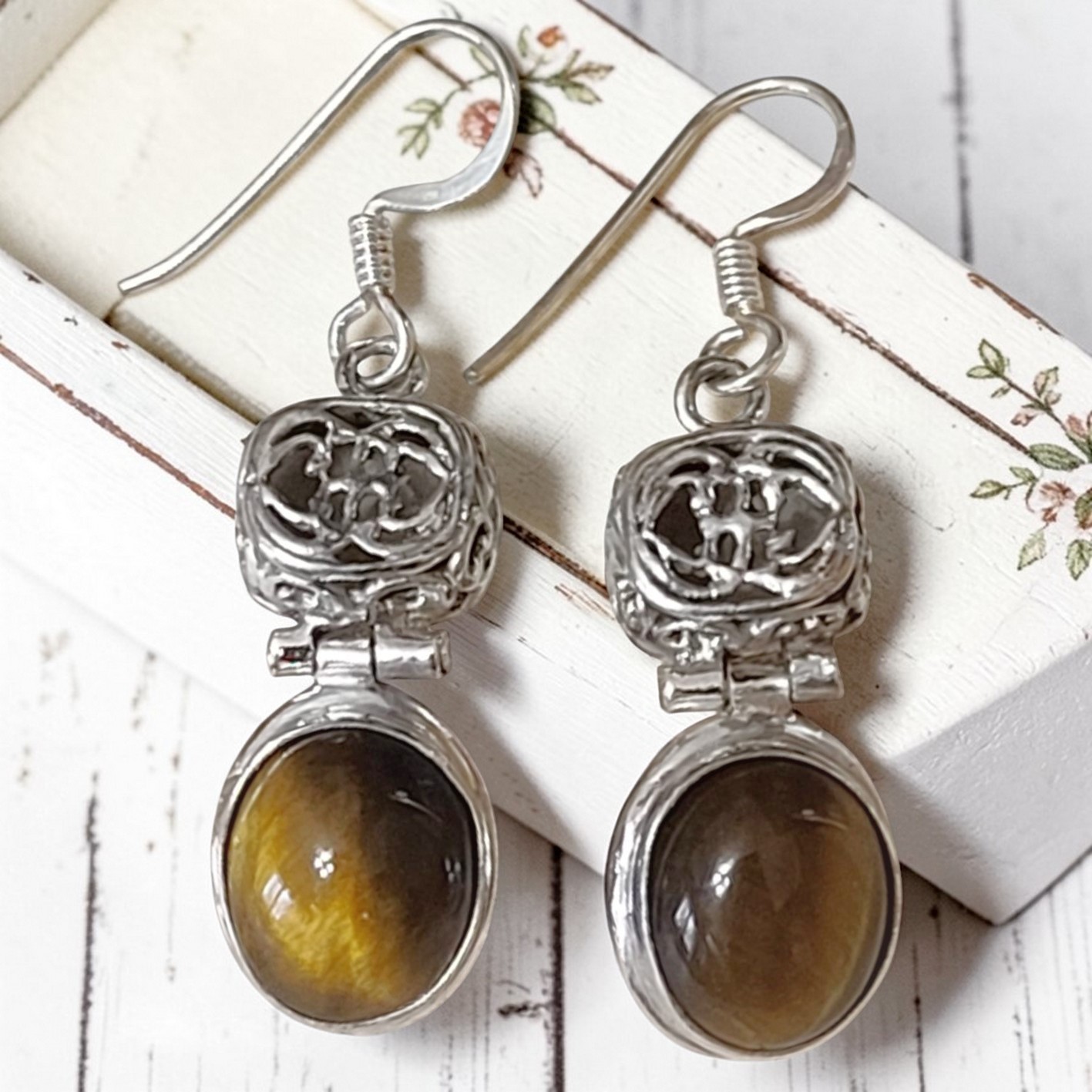 Tiger Eye Gemstone & 925 Sterling Silver Earrings