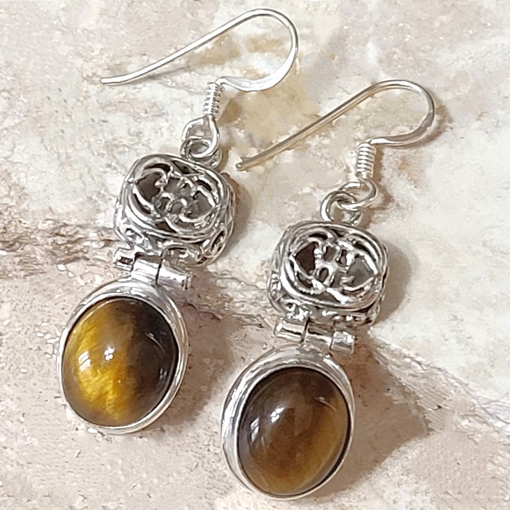 Tiger Eye Gemstone & 925 Sterling Silver Earrings - Click Image to Close