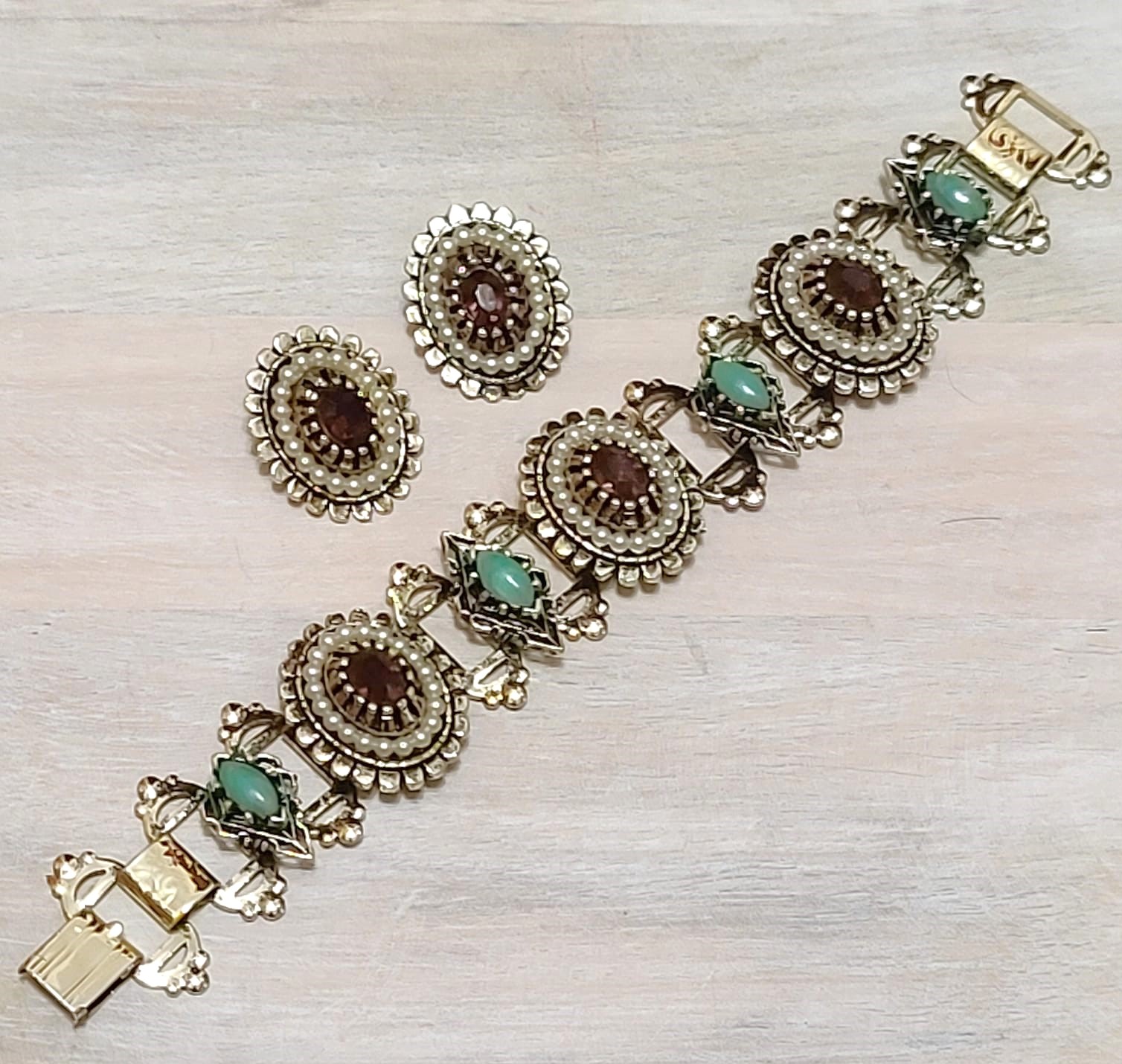 Vintage bracelet and earrings set, pearls, purple rhinestones and turquoise cabachons