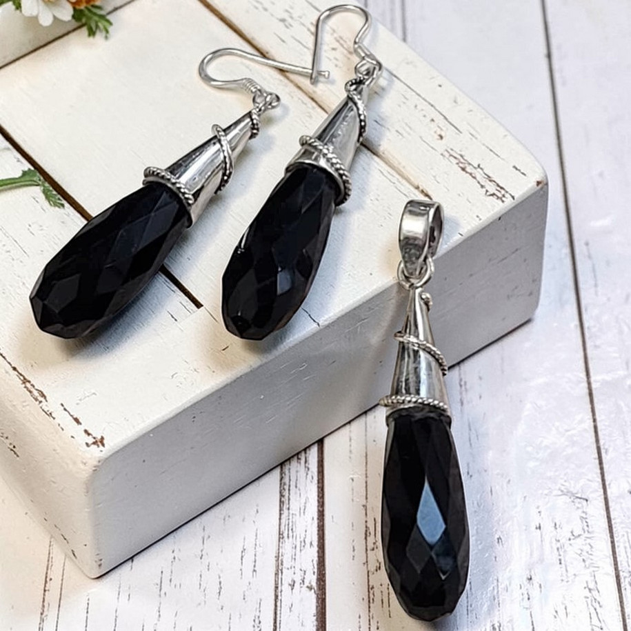 Black Onyx Pendant and Earrings Set Sterling Silver