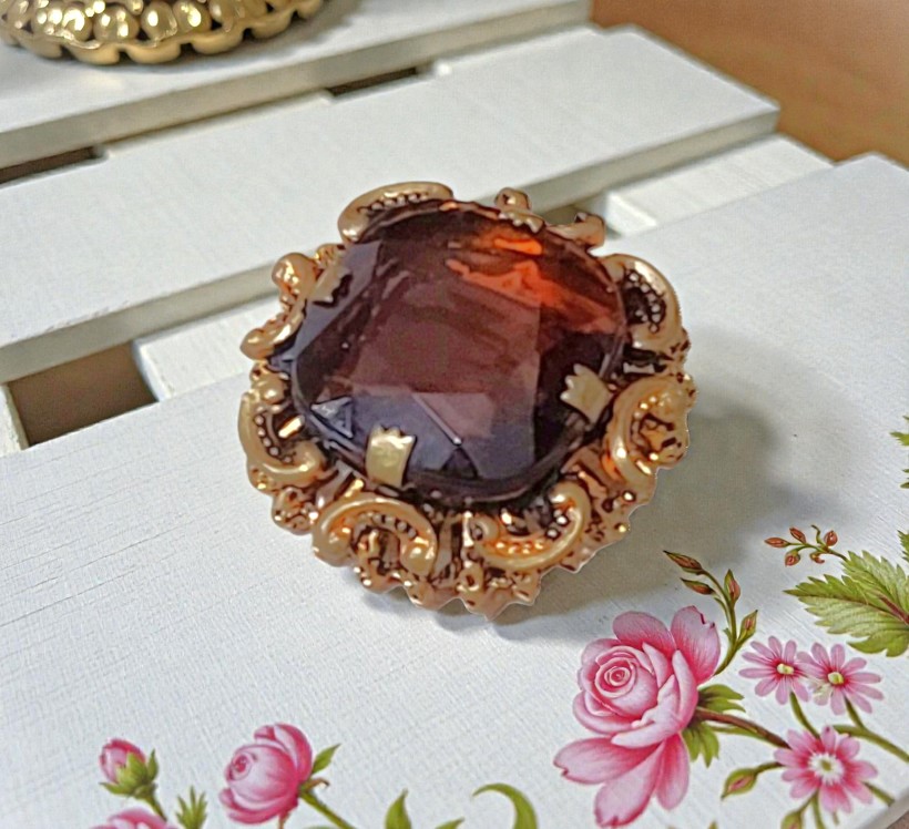 Brown Topaz Signed Austria Brass tone Pin