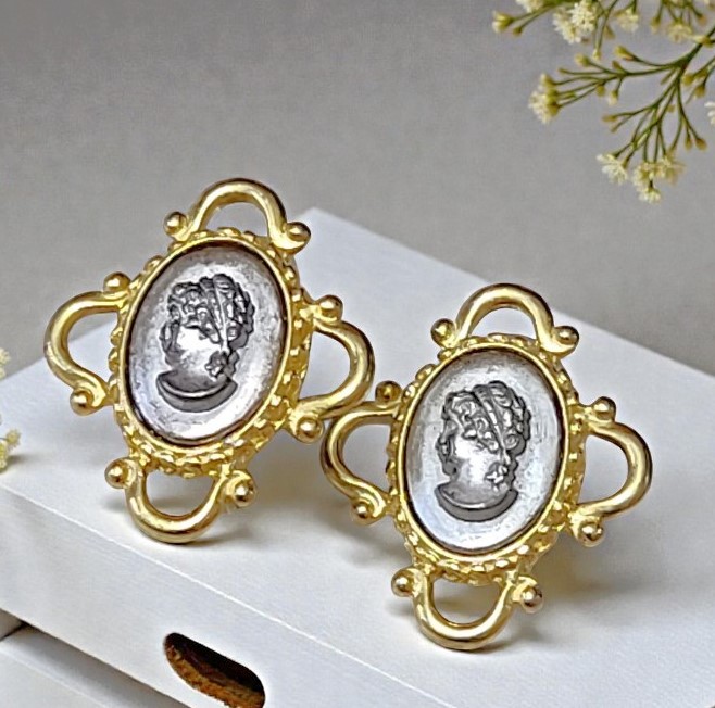 Cameo earrings, vintage for pierced ears, signed designer C. Stein