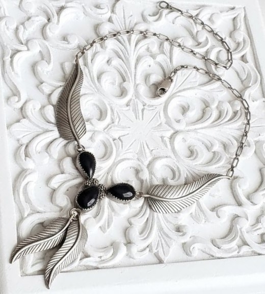 Black onyx gemstone necklace, southwest flare, with feathers, set in sterling silver