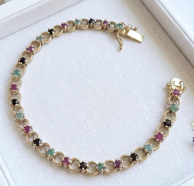 Technibond 18K Gold Ruby, Emerald & Sapphire Gemstone Bracelet