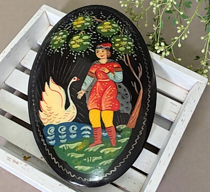 Russian Hand Painted Brooch Signed MCTEPA Boy & Swan