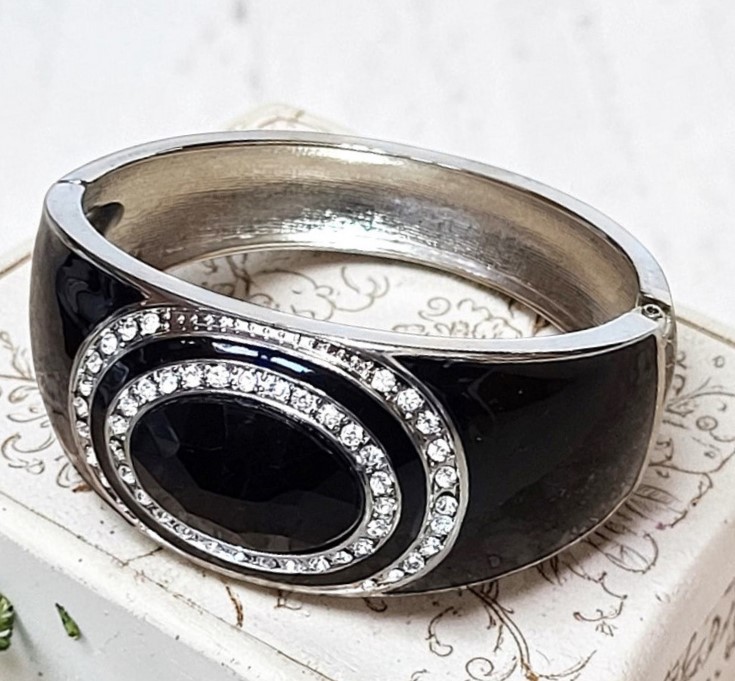 Black Enamel Bracelet with Rhinestones