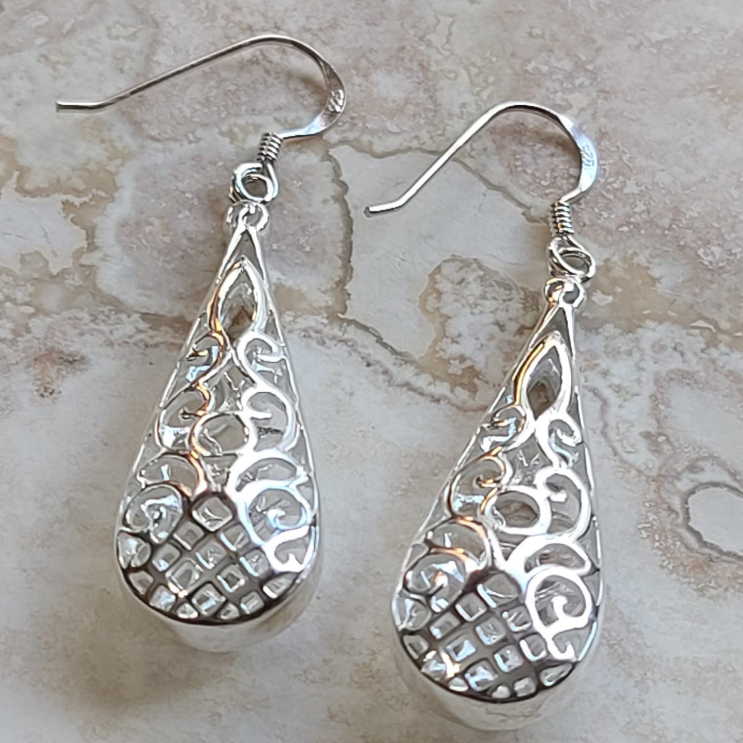 925 Sterling Silver Puffed Filigree Earrings on French Wire