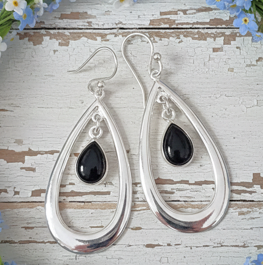 925 Sterling Silver w/Black Onyx Gemstone Drop Earrings