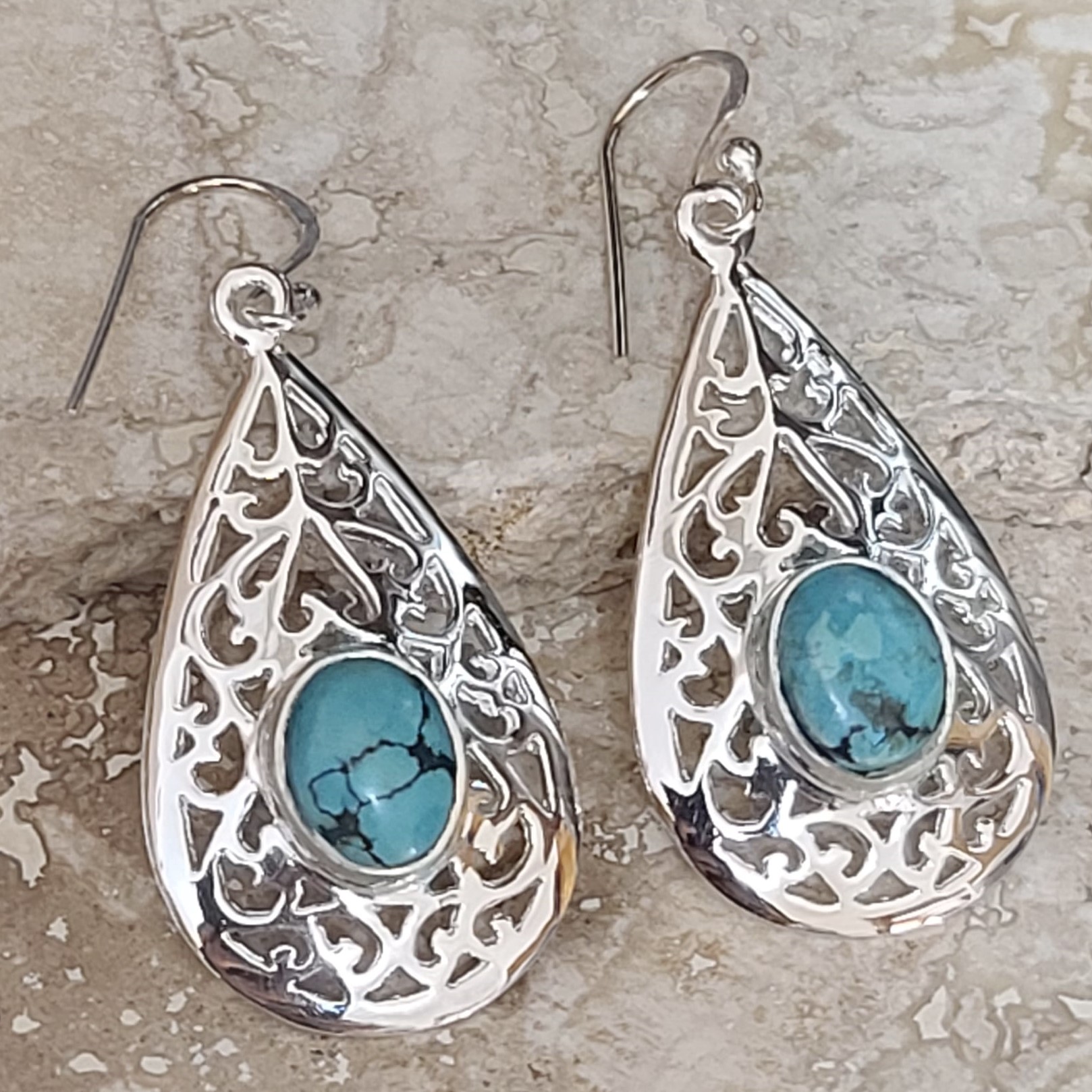 925 Sterling Silver and Turquoise Gemstone Cut out Earrings