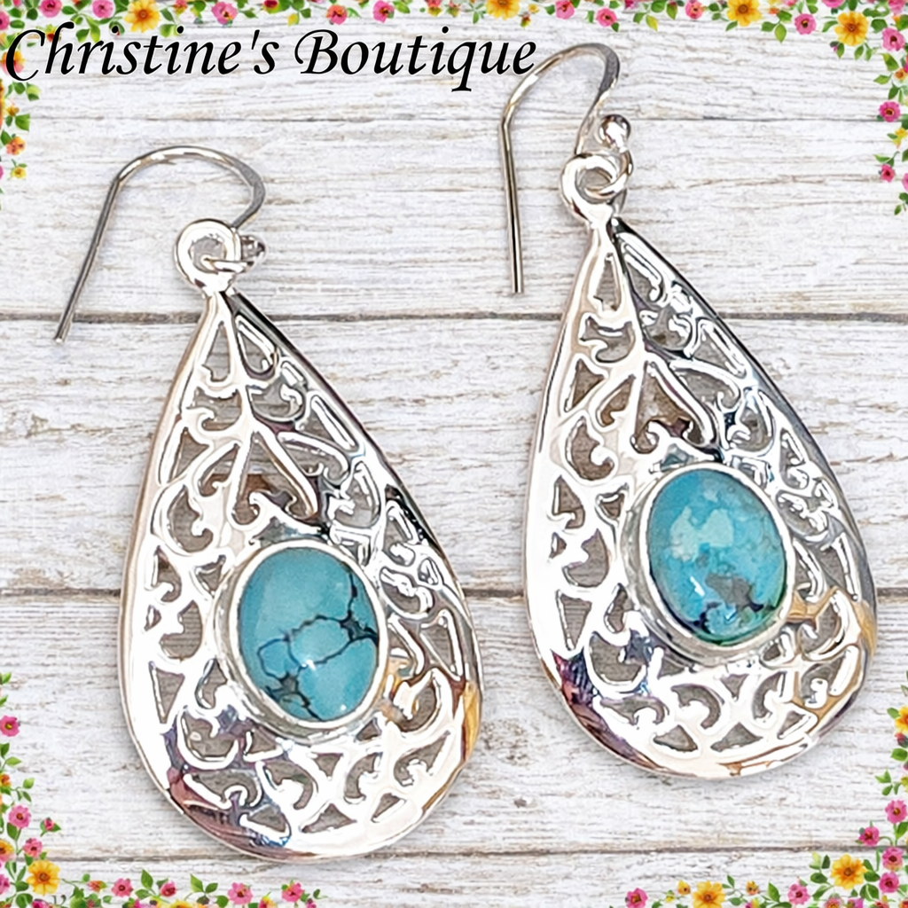 925 Sterling Silver and Turquoise Gemstone Cut out Earrings