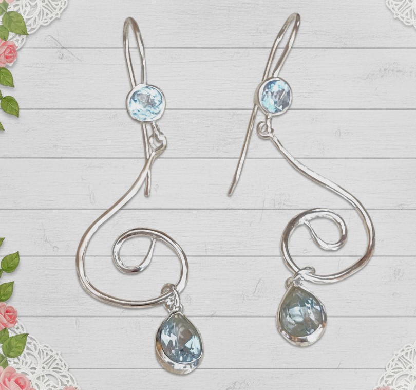 925 Sterling Silver Swirl Design Blue Topaz Earrings