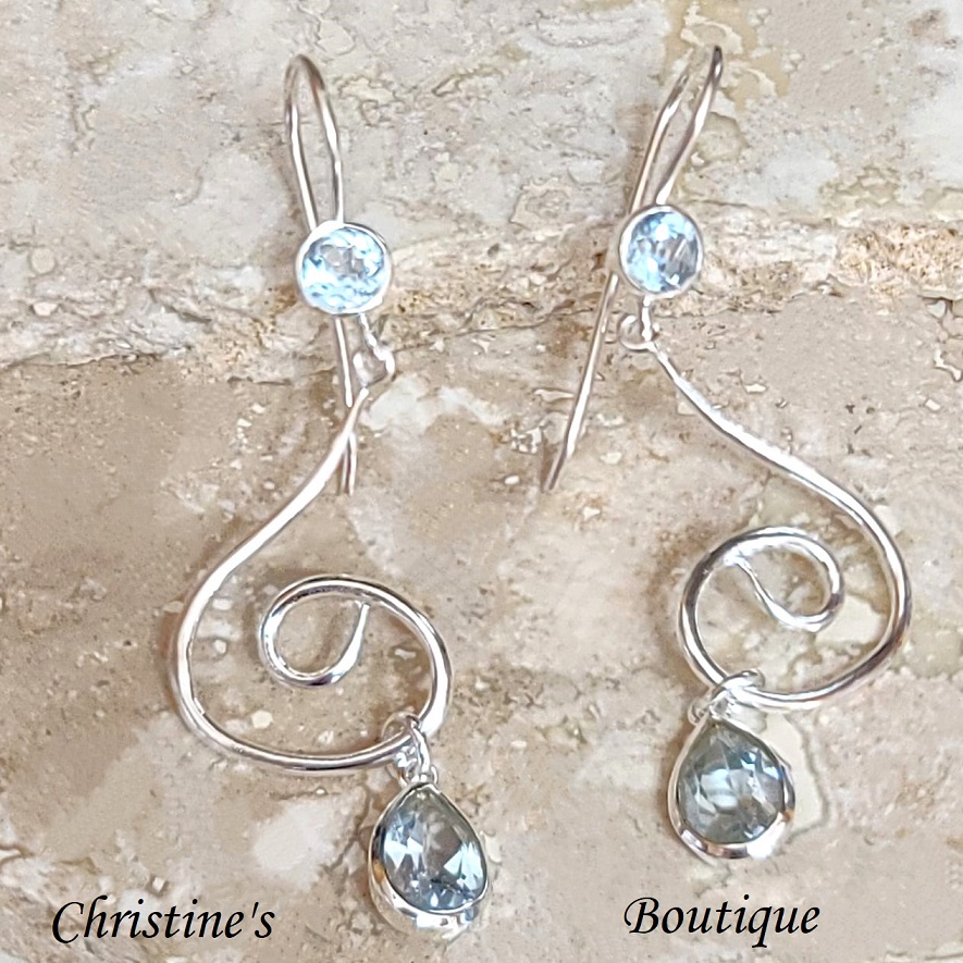 925 Sterling Silver Swirl Design Blue Topaz Earrings