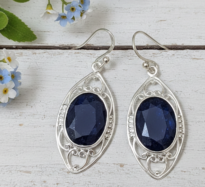 925 Sterling Silver & Rough Cut Sapphire Gems Earrings