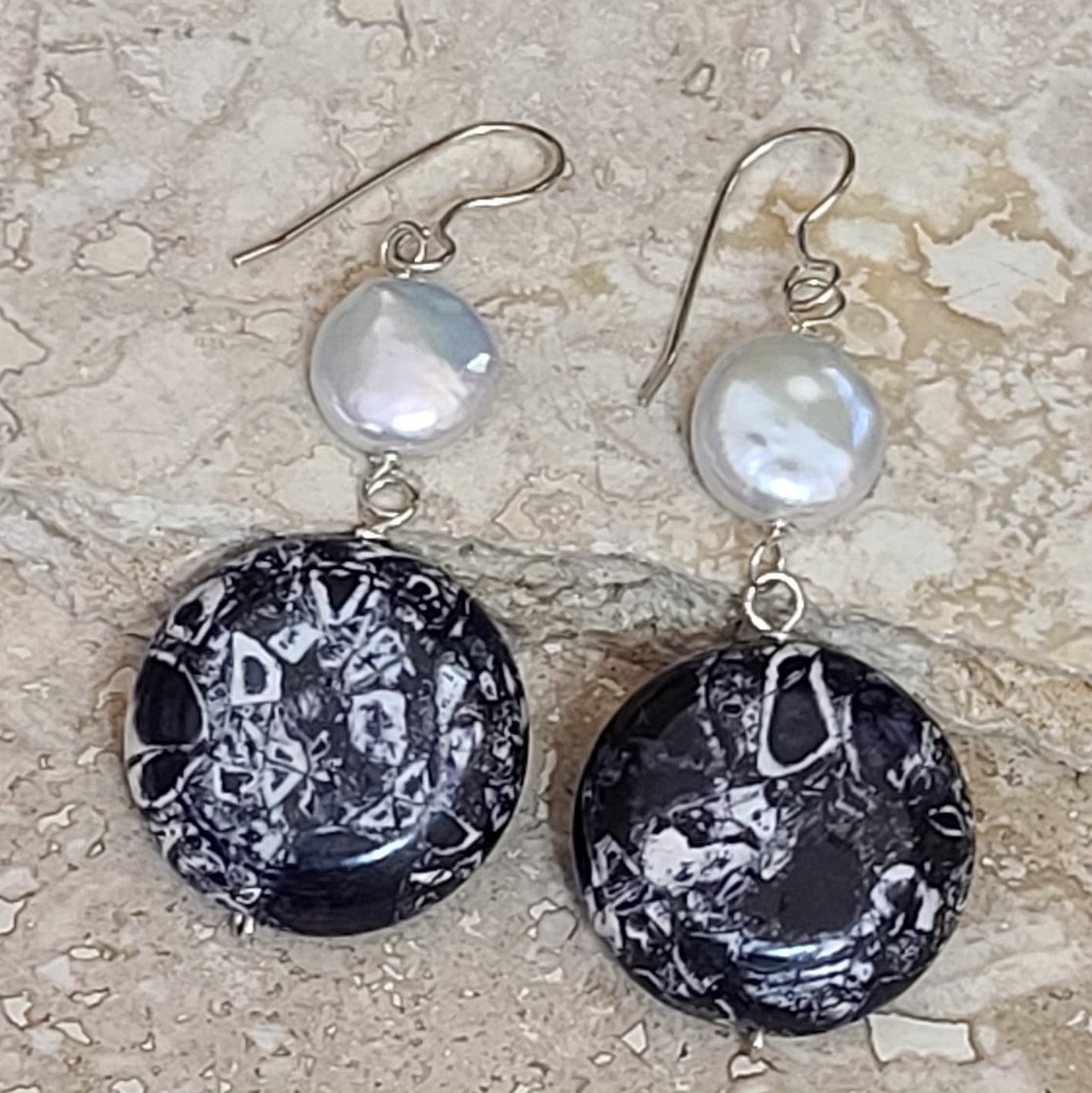 Mosaic Magnesite & Freshwater Coin Pearl 925 Earrings - Click Image to Close