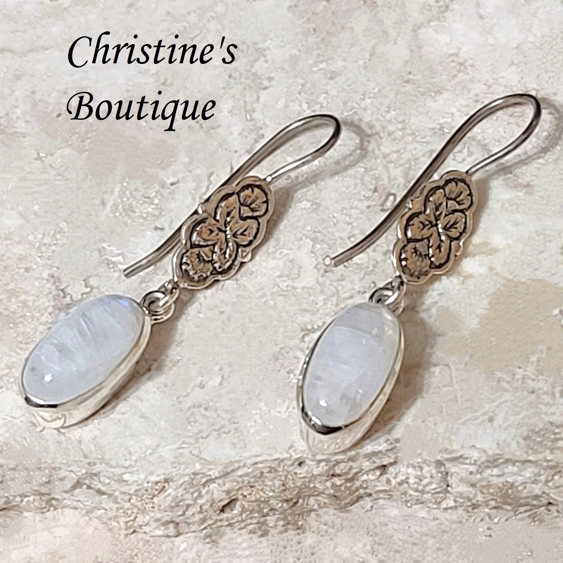Moonstone earrings, with 925 sterling silver setting