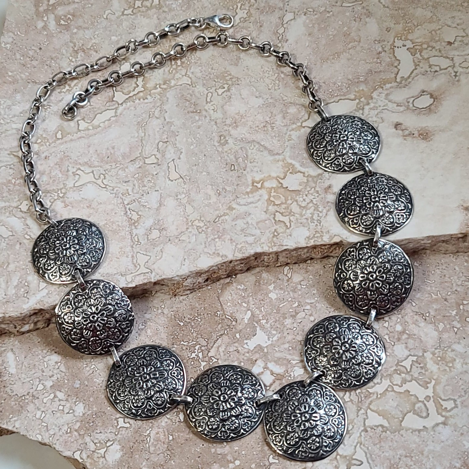 925 Sterling Silver Oxidized Floral Disk Necklace 17"