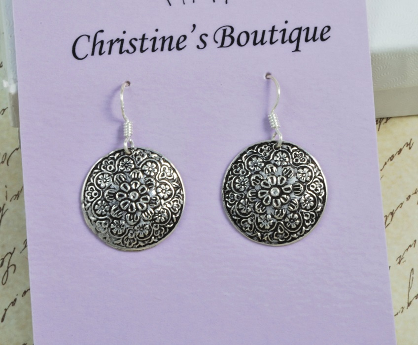 925 Sterling Silver Oxidized Floral Disk Earrings