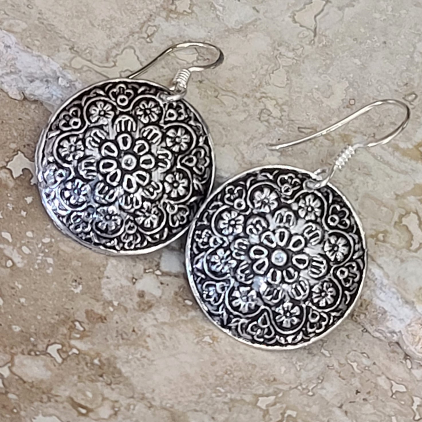 925 Sterling Silver Oxidized Floral Disk Earrings