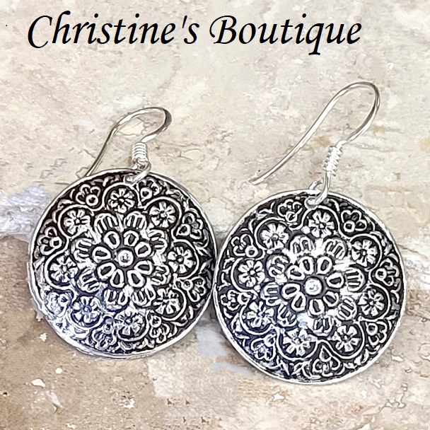 925 Sterling Silver Oxidized Floral Disk Earrings - Click Image to Close
