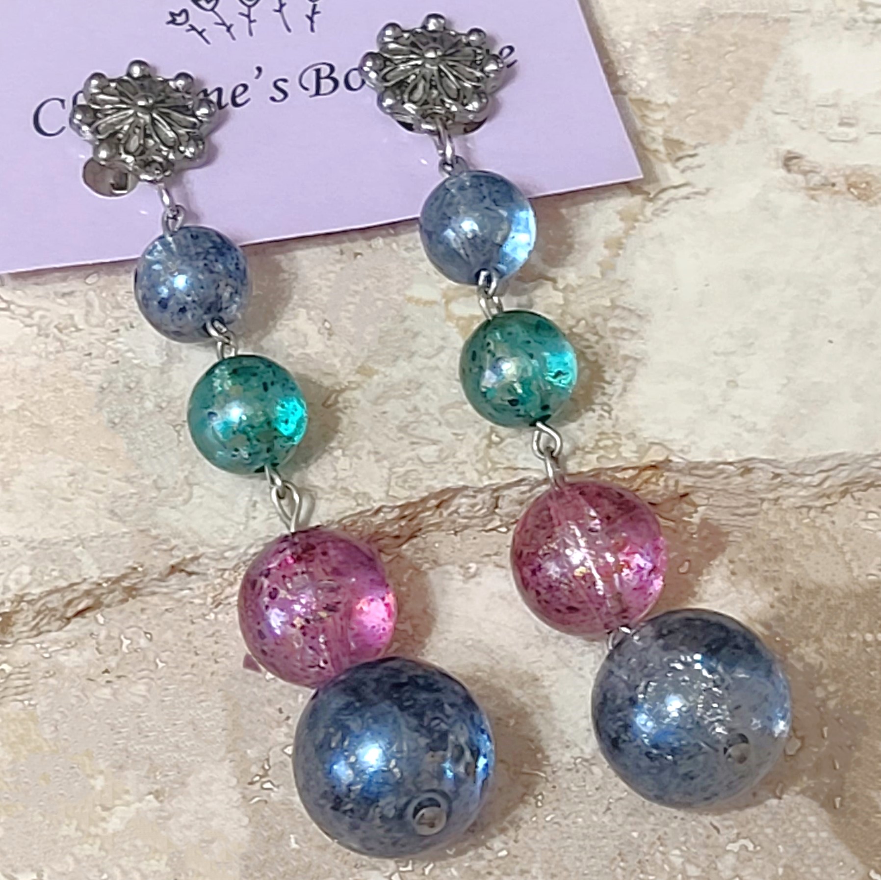 Bauble bead vintage earrings, 4 row beads, clip ons - Click Image to Close