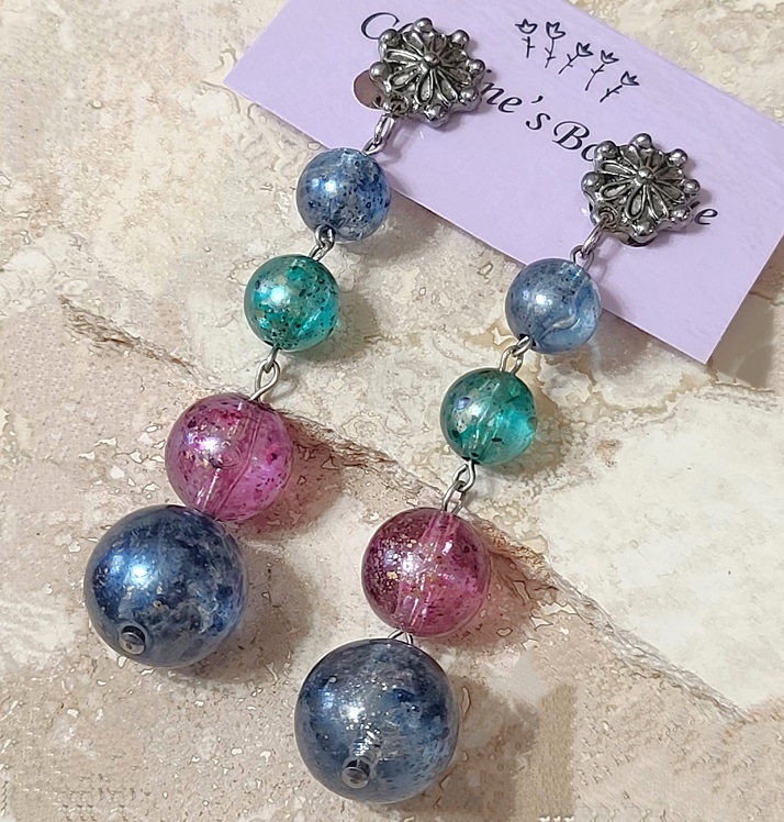 Bauble bead vintage earrings, 4 row beads, clip ons