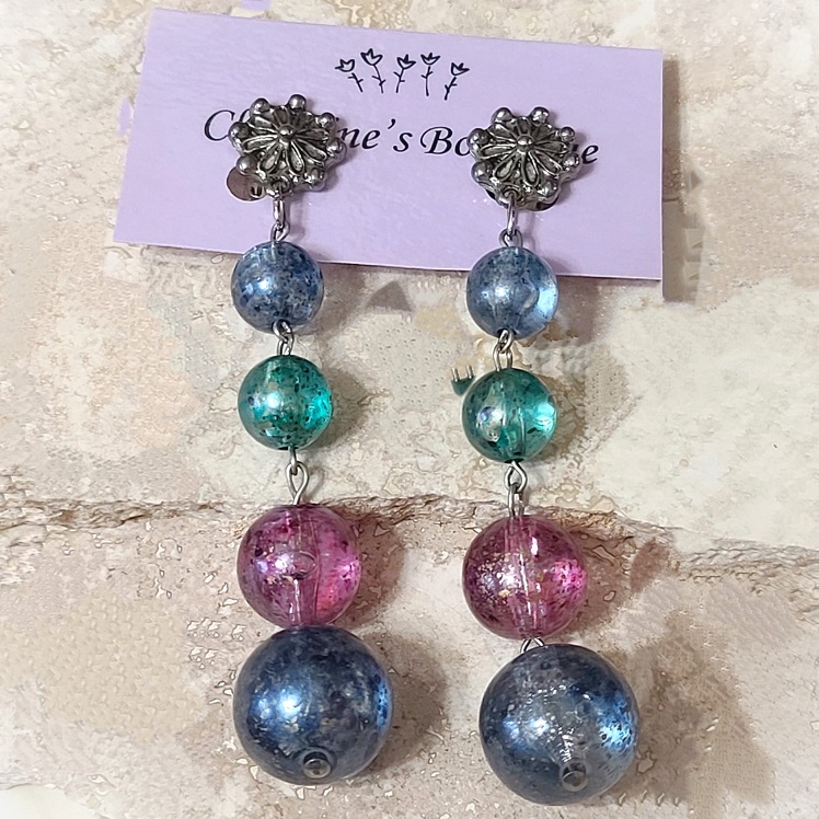 Bauble bead vintage earrings, 4 row beads, clip ons