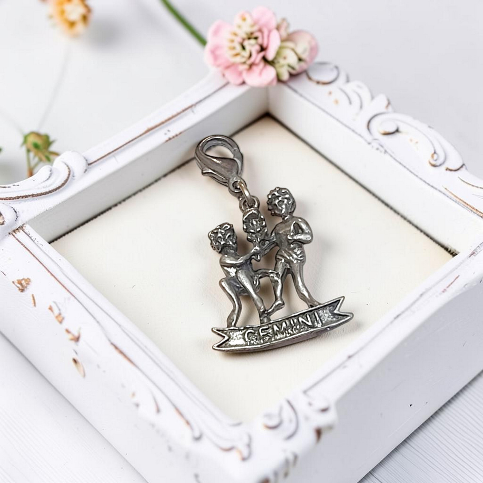 Vintage Pewter Gemini Sign Zodiac Charm 1 7/8"