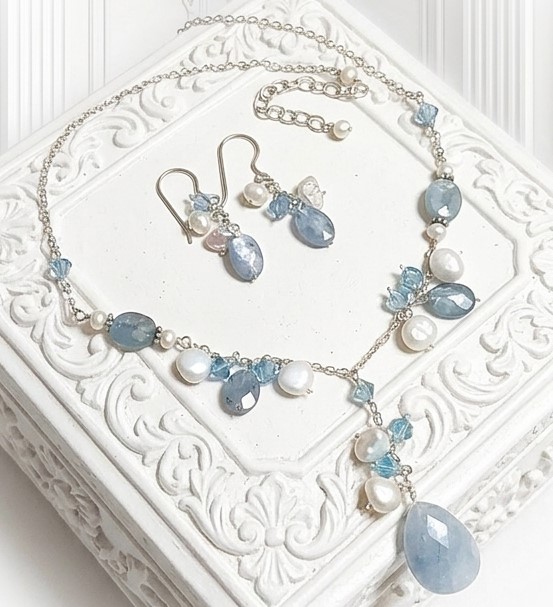 Sterling Silver and Blue Kynate Calcite Stones with Cultured Freshwater Pearls Necklace and Earrings