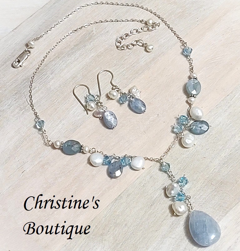 Kynate, Calcite Stones, Cultured Freshwater Pearls Necklace ER's - Click Image to Close