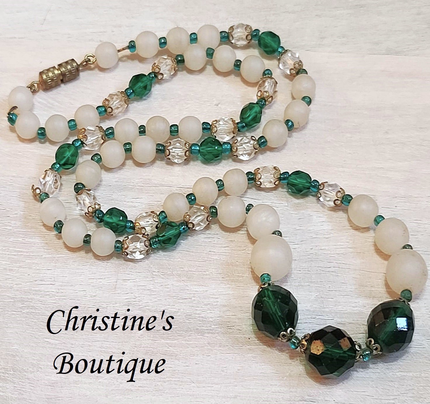 Green crystal and bead necklace, green and white crystals, lucite beads with twist clasp - Click Image to Close
